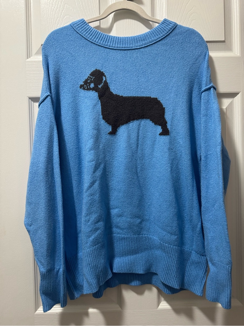 aerie Blue Crewneck Sweater with Black Dachshund Motif